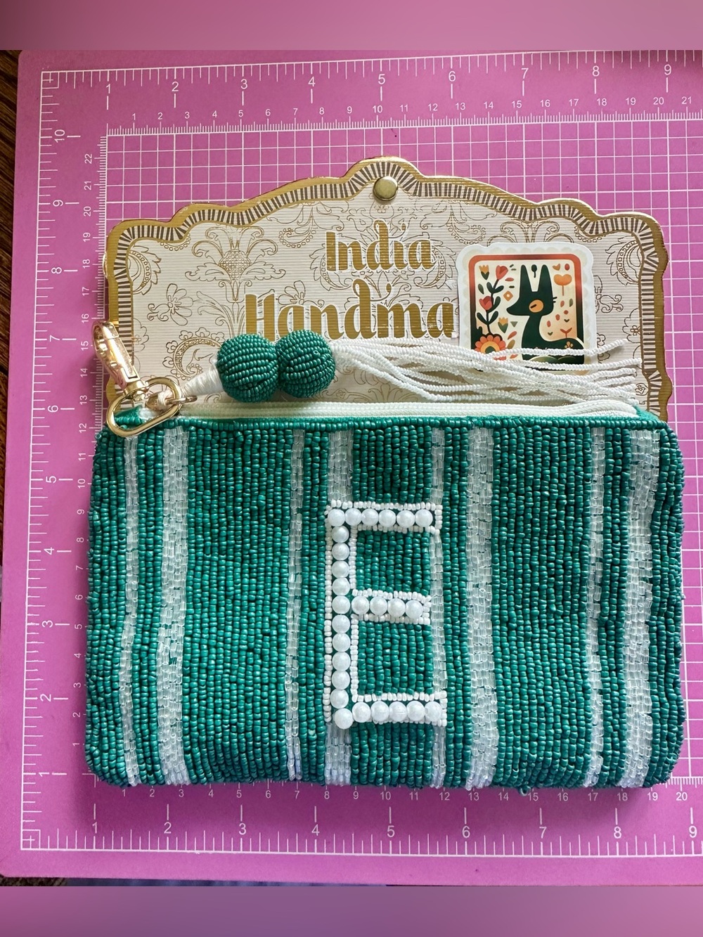NWT India Handmade Beaded bling Green Teal Striped Wristlet Pouch with Initial E